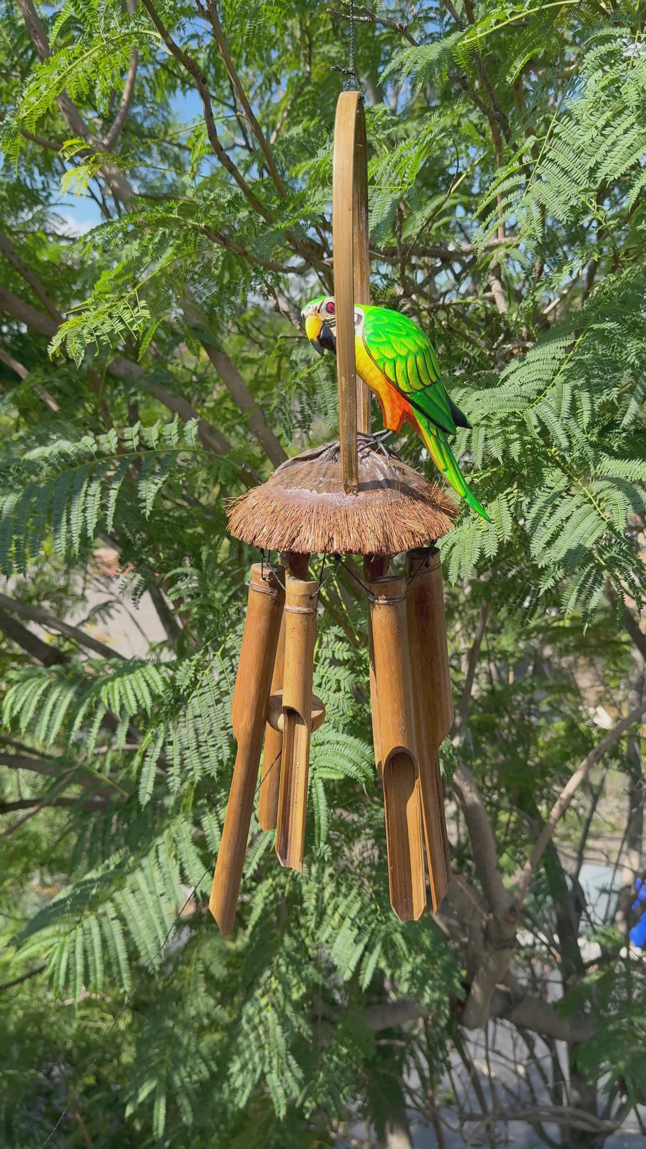 Green Parrot Tropical Wooden Bird Bamboo Wind chime Tiki Bar