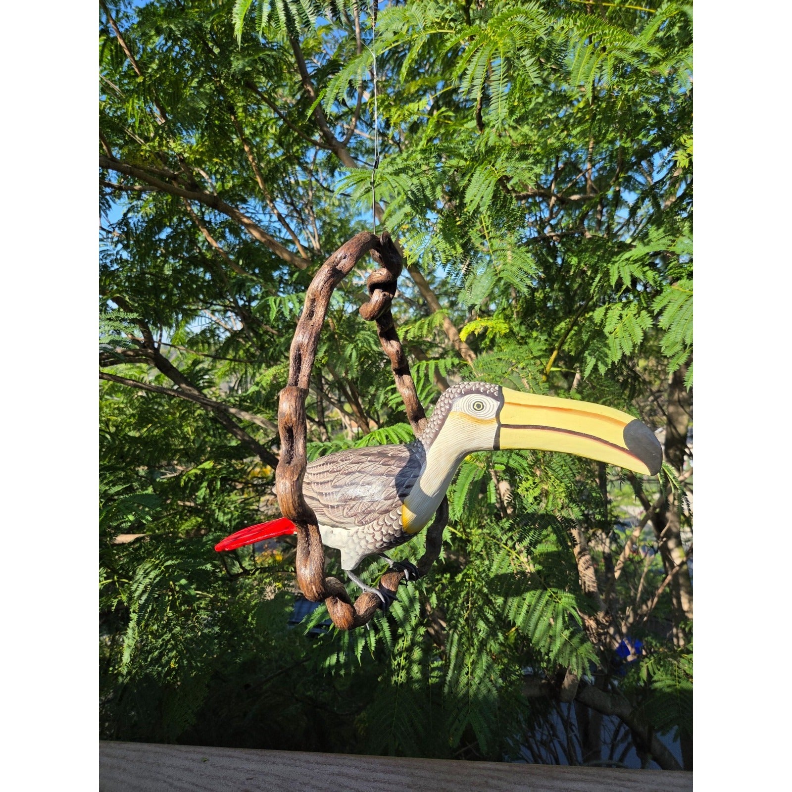Tropical Toucan Bird hanging Statue in Vine Hand-crafted Wooden 20"in.