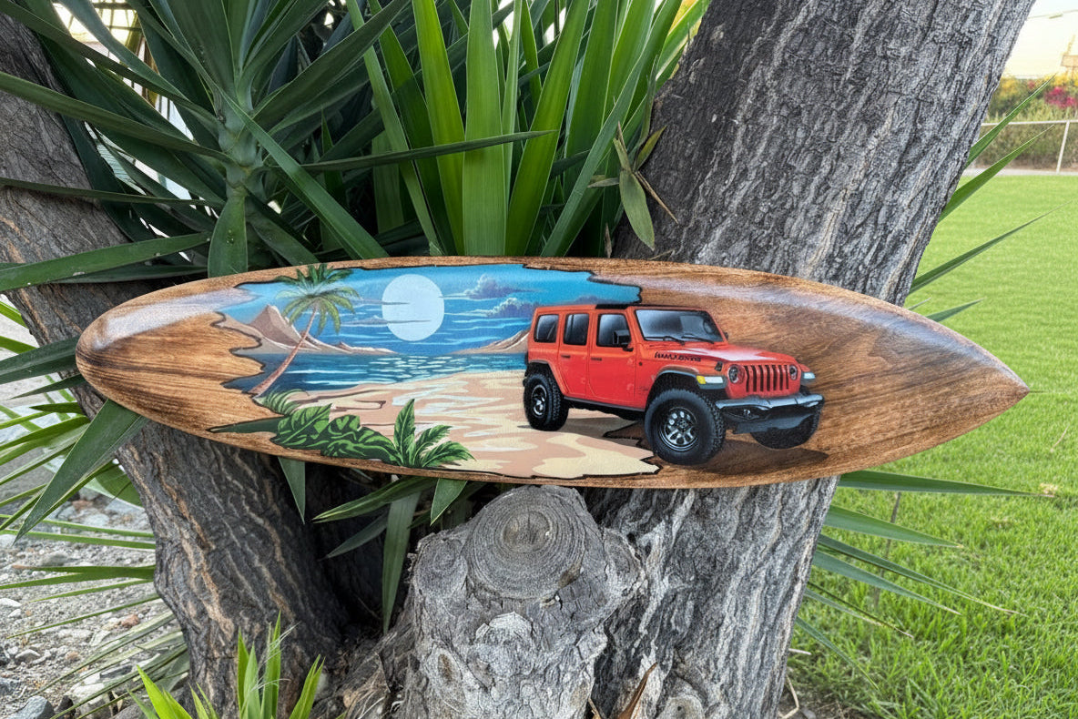 red jeep surfboard wall art
