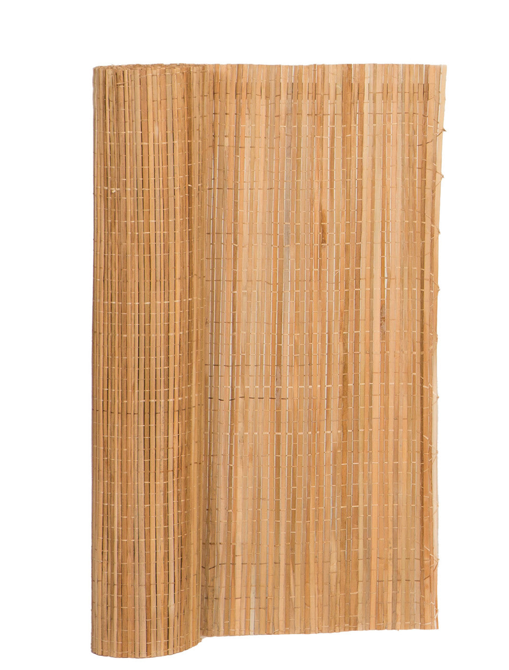 Rolled bamboo mat with thin vertical slats used as a natural privacy screen.