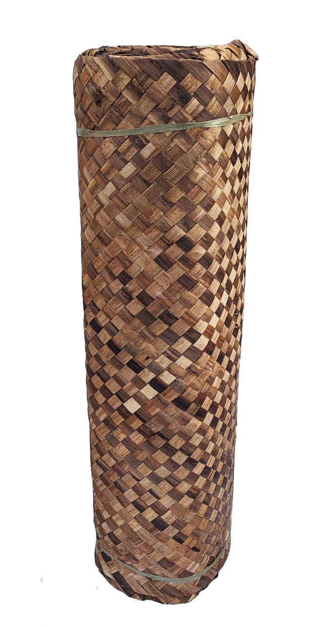 Rolled cylindrical wicker basket with brown weave pattern.