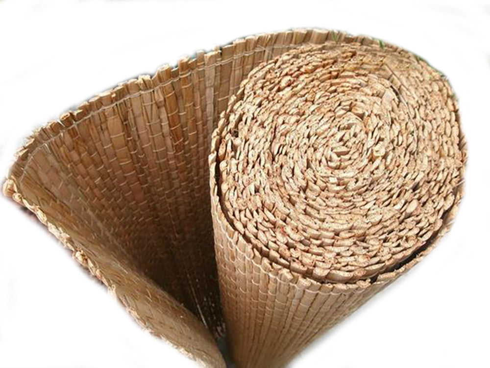 Close-up of a rolled woven straw mat.