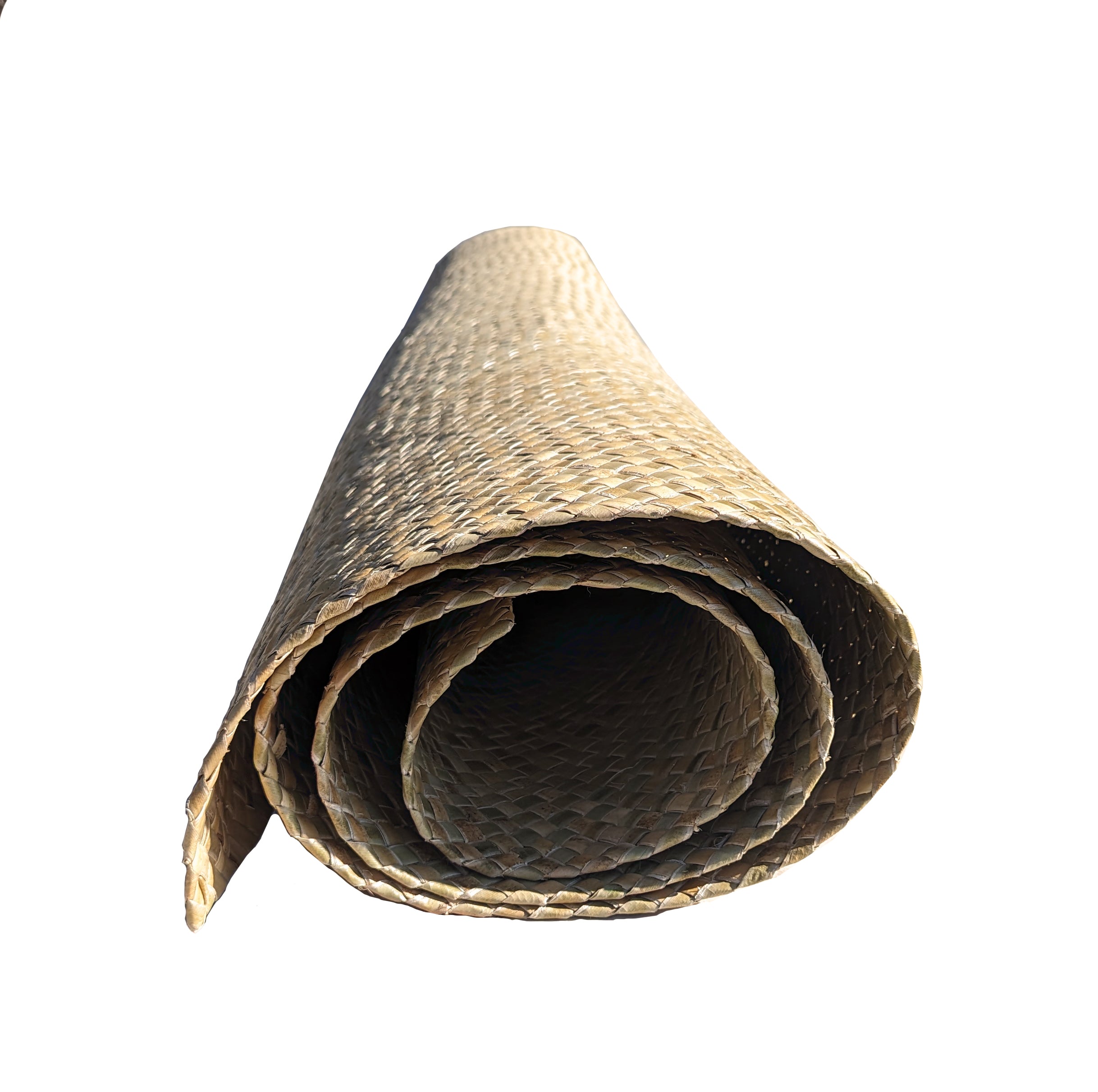 Rolled woven straw mat showing braided texture on a white background