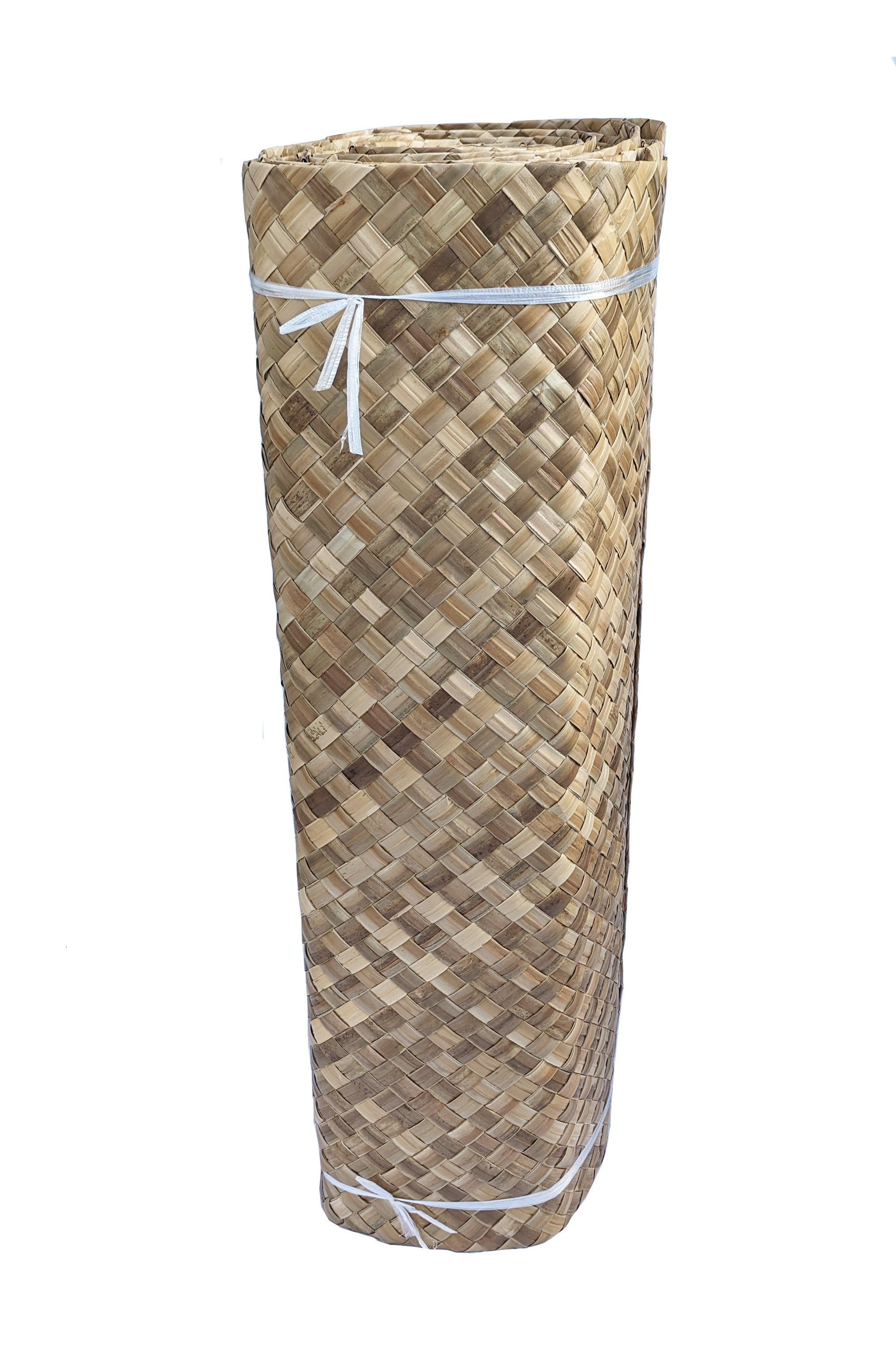 Rolled woven palm mat with white ties