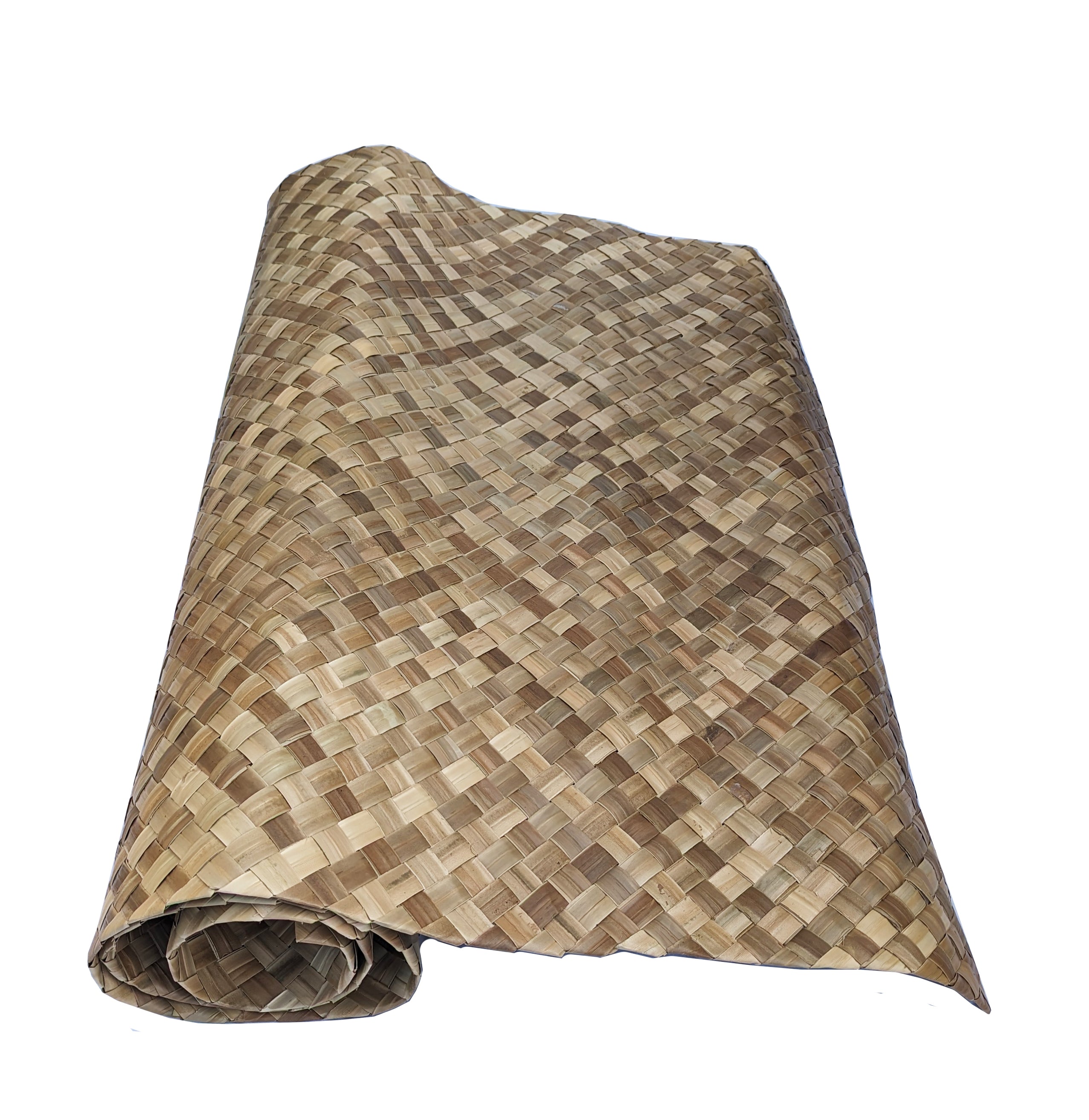 Close-up of a rolled woven straw mat with natural brown tones