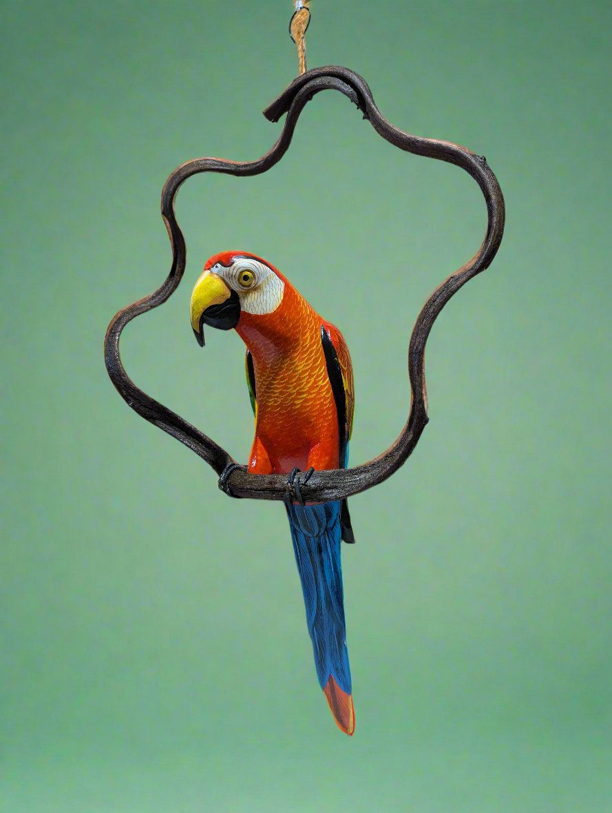 Bright scarlet macaw perched on a wrought-iron flower-shaped hanger against a green background