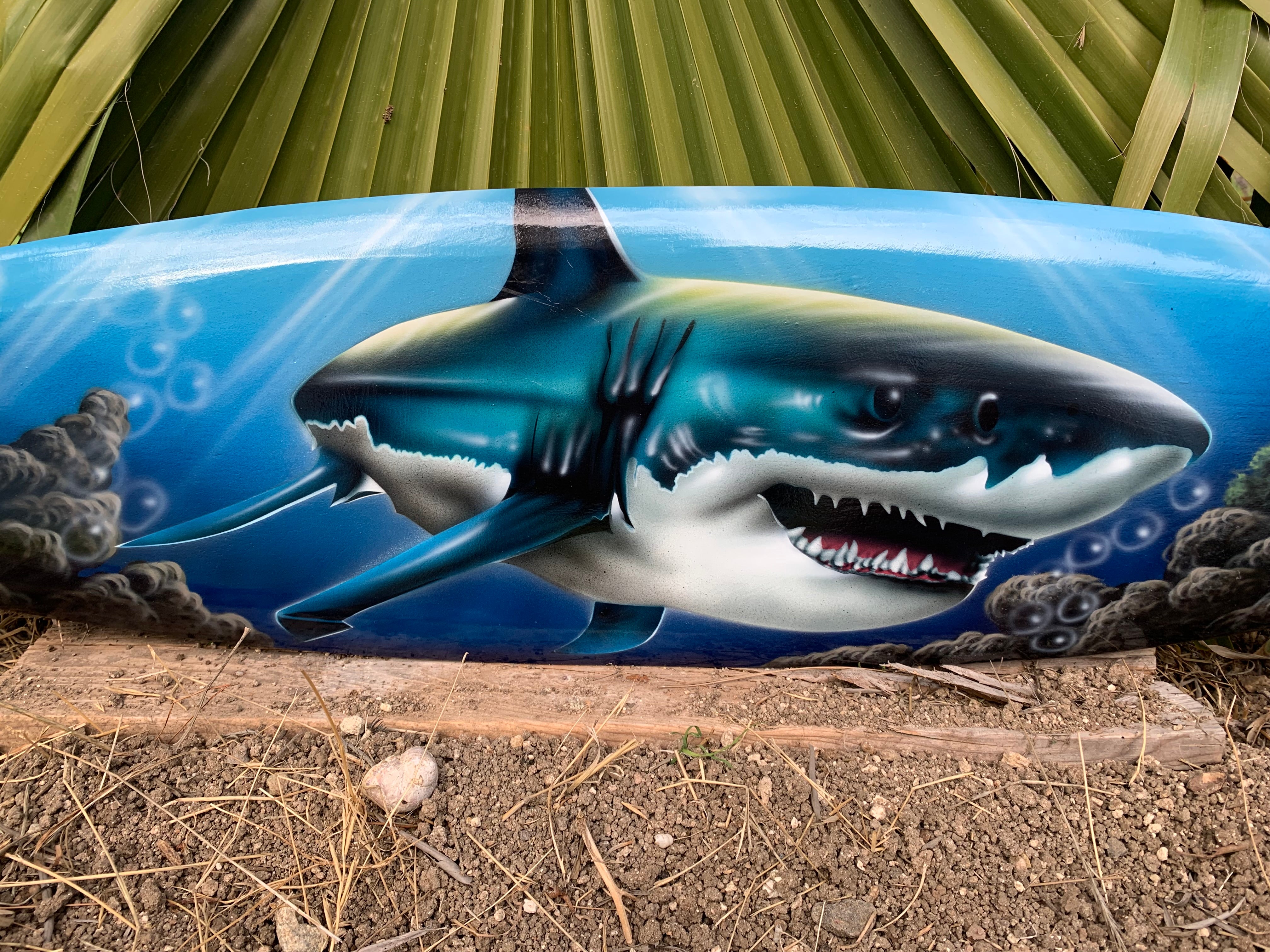 Graffiti mural of a shark on a blue background with bubbles and rocks