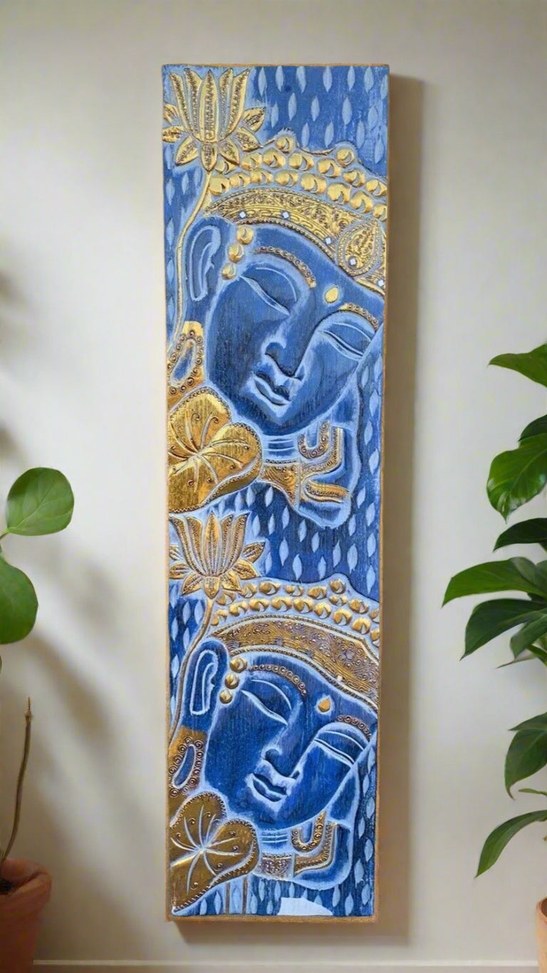 Tall blue Buddha head painting with gold detailing and lotus motifs on a blue patterned background