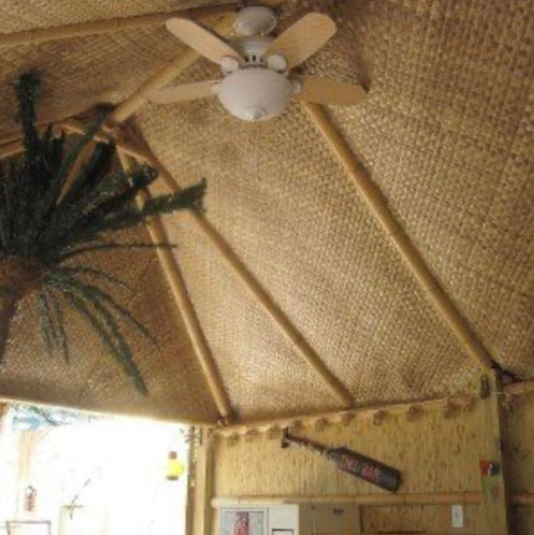 thatched-roof room interior with ceiling fan, palm plant, and cricket bat decor on wall
