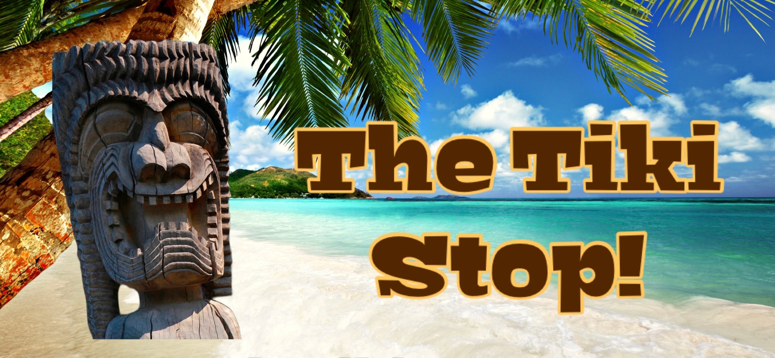 Stone tiki statue on a tropical beach with palm trees and turquoise water, The Tiki Stop! text overlay.