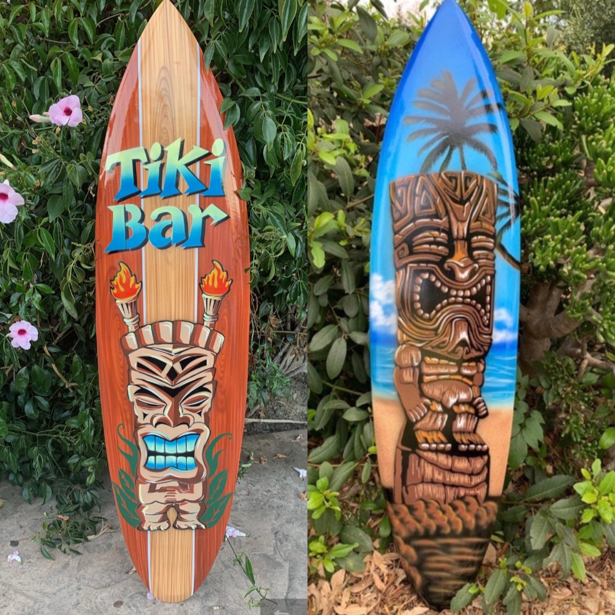 Two surfboards with tiki art: orange 'Tiki Bar' board and blue tropical tiki-face board.