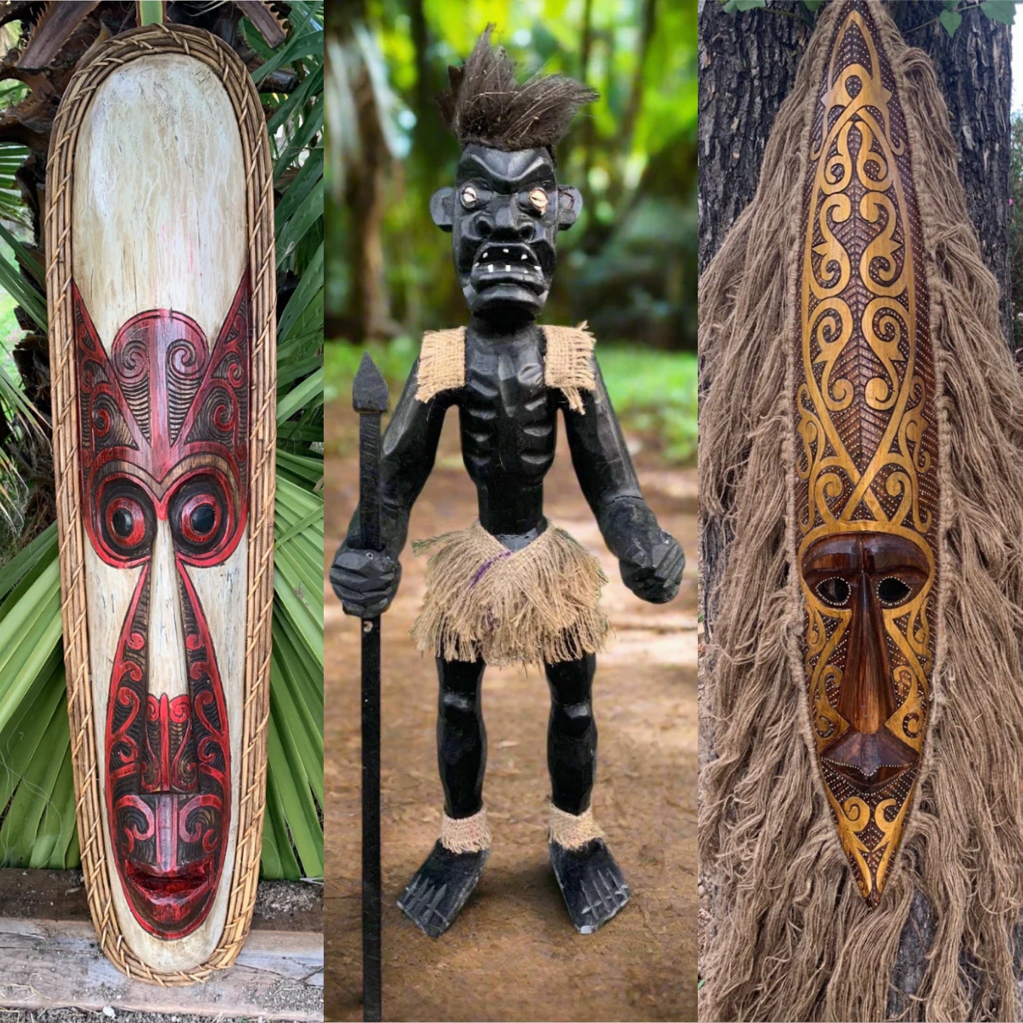 Triptych of tribal wooden carvings: left red-patterned mask, center black tiki figure, right fringed carved mask.