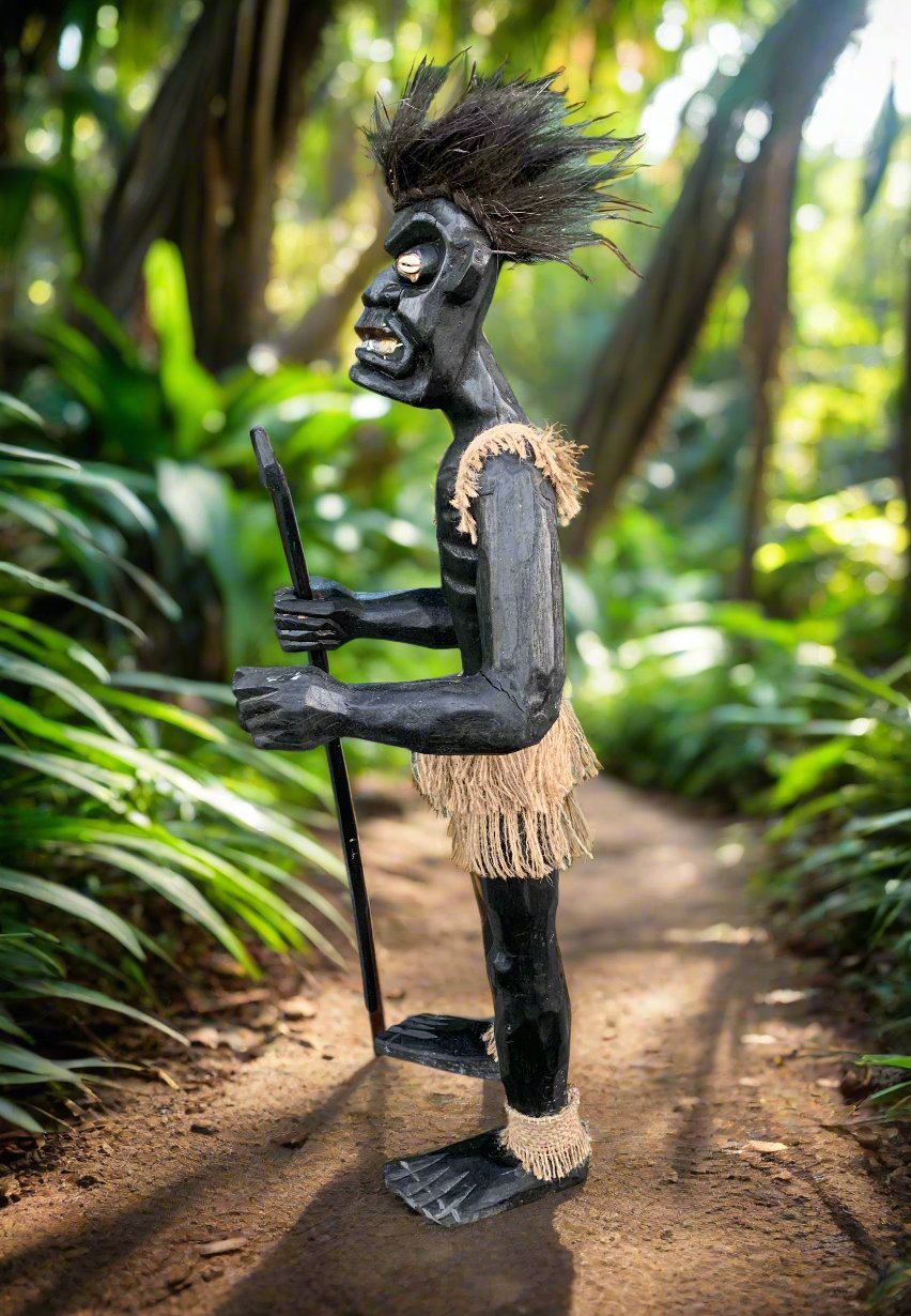 Carved black tiki statue with spear in a tropical garden path