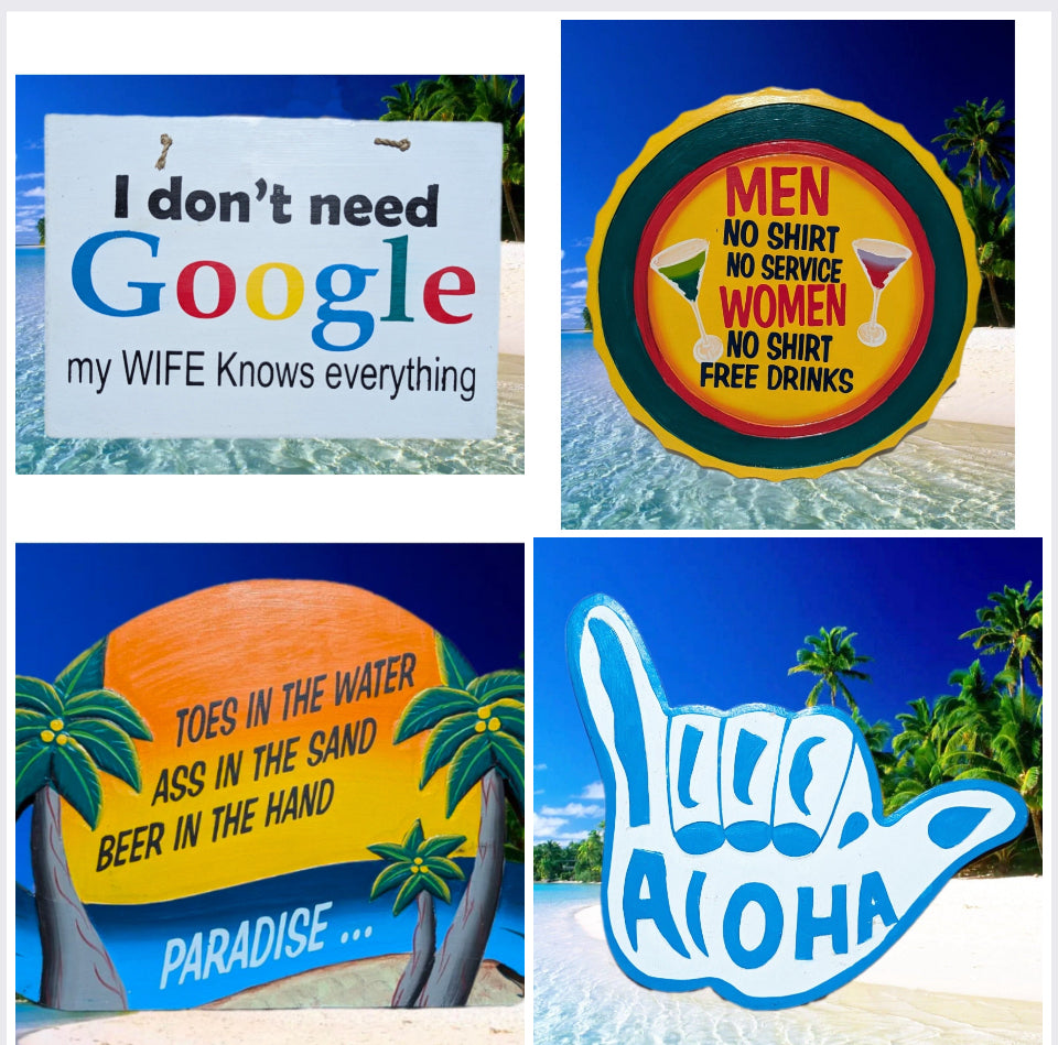 Collage of tropical beach signs including Google meme, no shirt no service sign, paradise banner, and aloha hand.