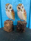 Two carved owl figurines perched on wooden stumps against a blue background.