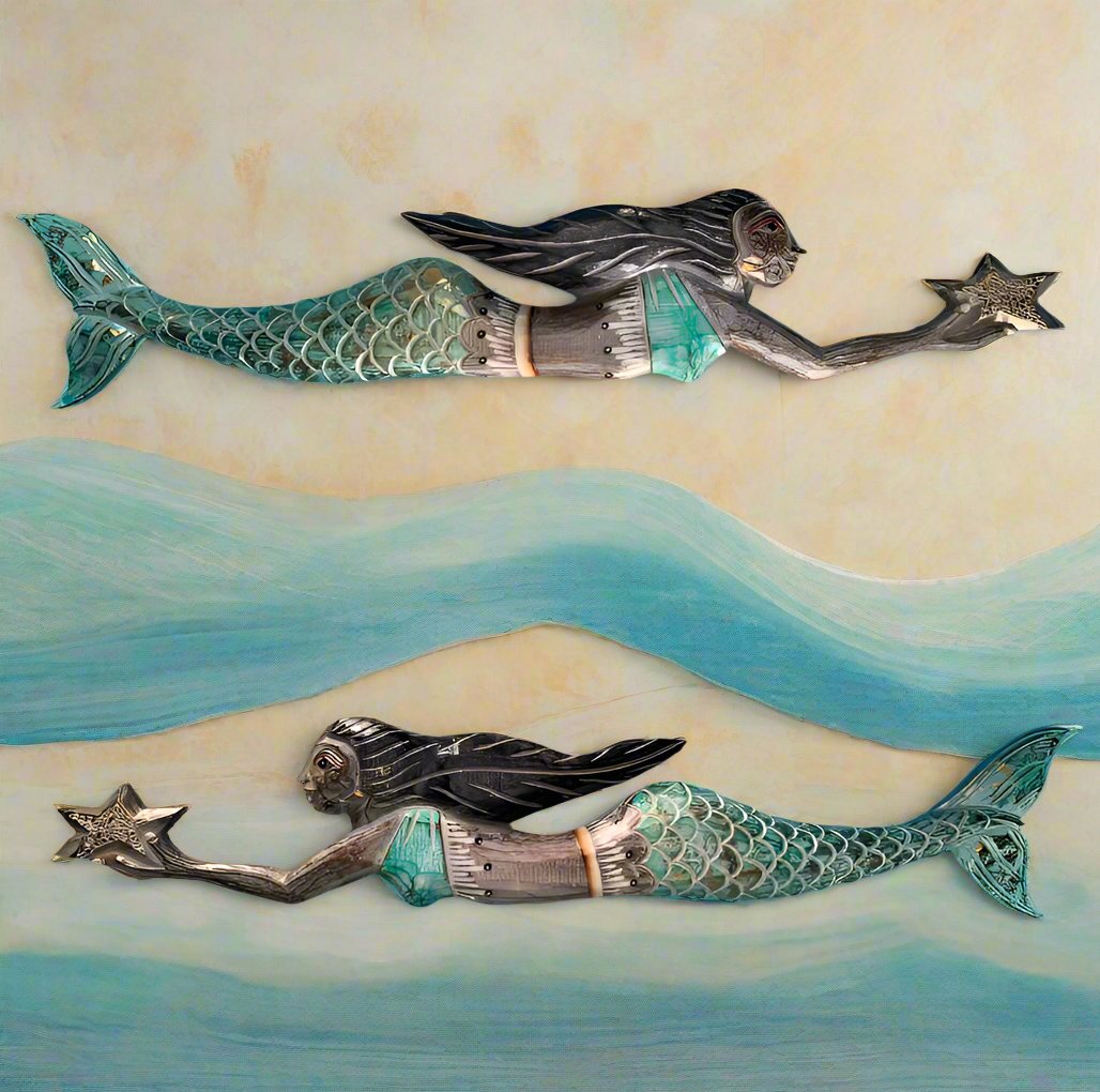 Two metal mermaid wall sculptures reaching for a starfish above turquoise waves