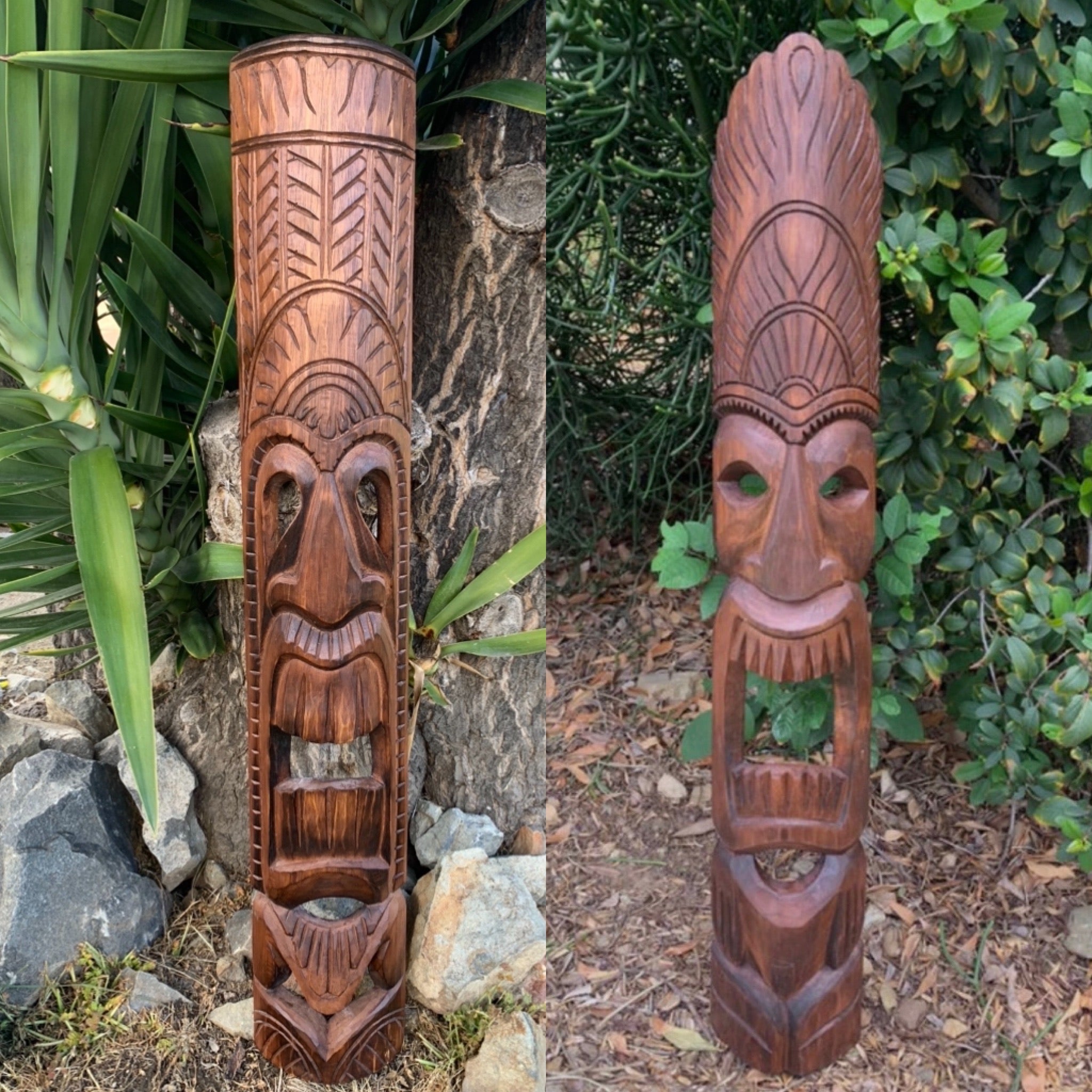 Two tall wooden tiki statues with intricate geometric carvings and carved faces outdoors.