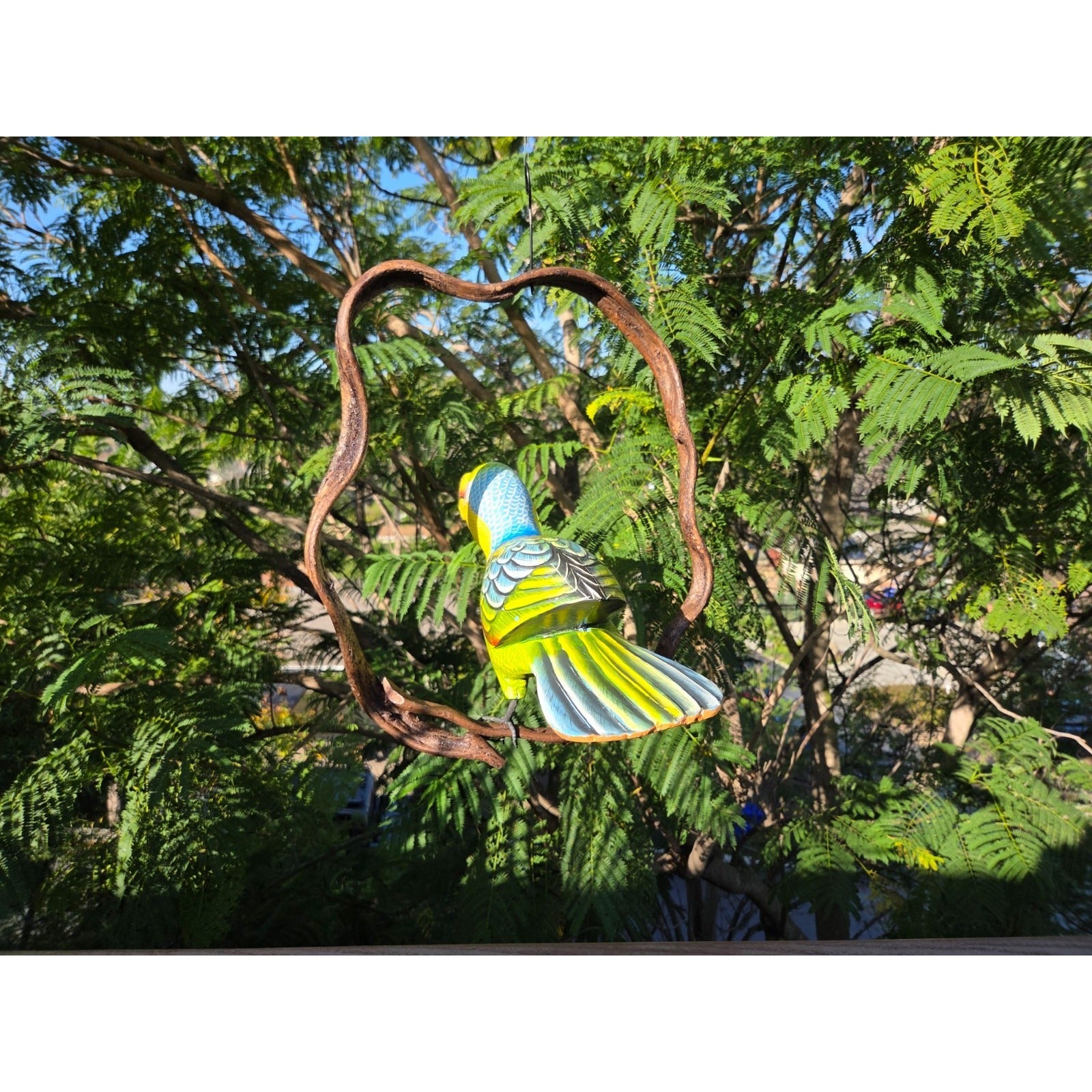 Tropical Rainbow Toucan Bird hanging Statue in Vine Hand-crafted Wooden 20"in.