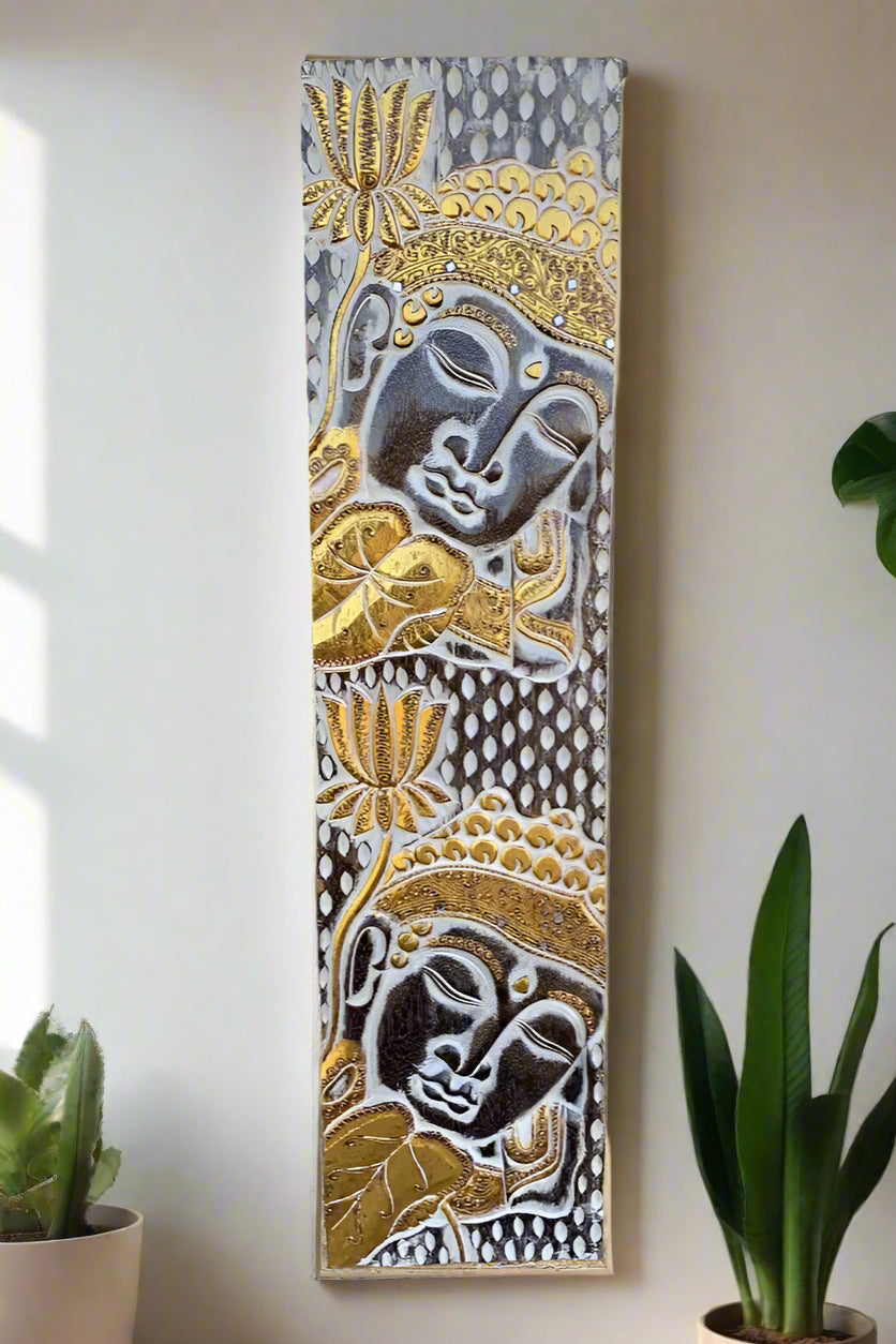 Vertical Buddha wall art with gold accents and floral lotus patterns