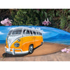 vintage orange VW bus painting on a surfboard with a beach scene