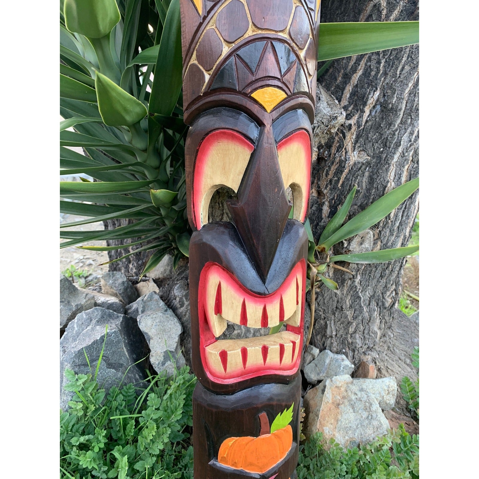 Halloween Tiki Wood Mask Vampire Fangs Tropical Bar Patio Decor 39"x 6"in