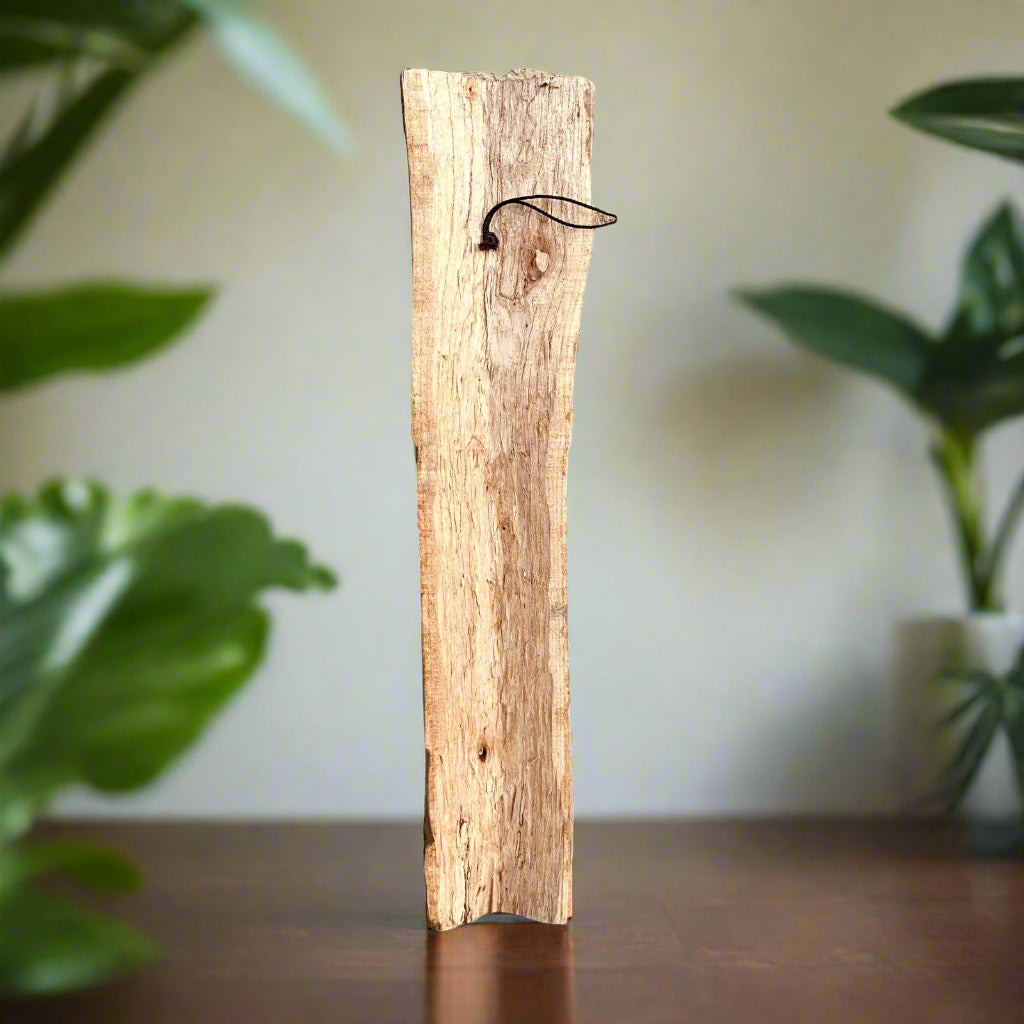 weathered wooden stake with curved wire hook on a table, blurred green plants in background