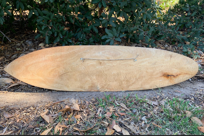 Long beige wooden surfboard resting on the ground beside leafy bushes