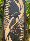 Wooden carved mermaid panel on black background featuring waves and geometric patterns