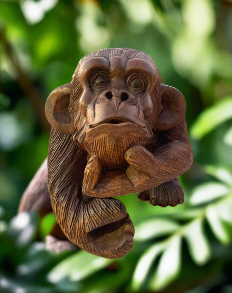 wooden monkey carving sculpture in garden setting