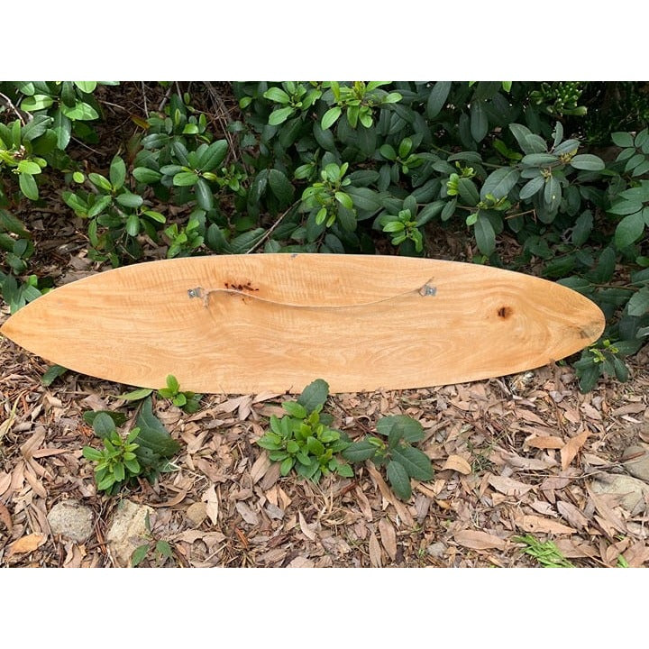 wooden skimboard resting on mulch with green bushes in the background