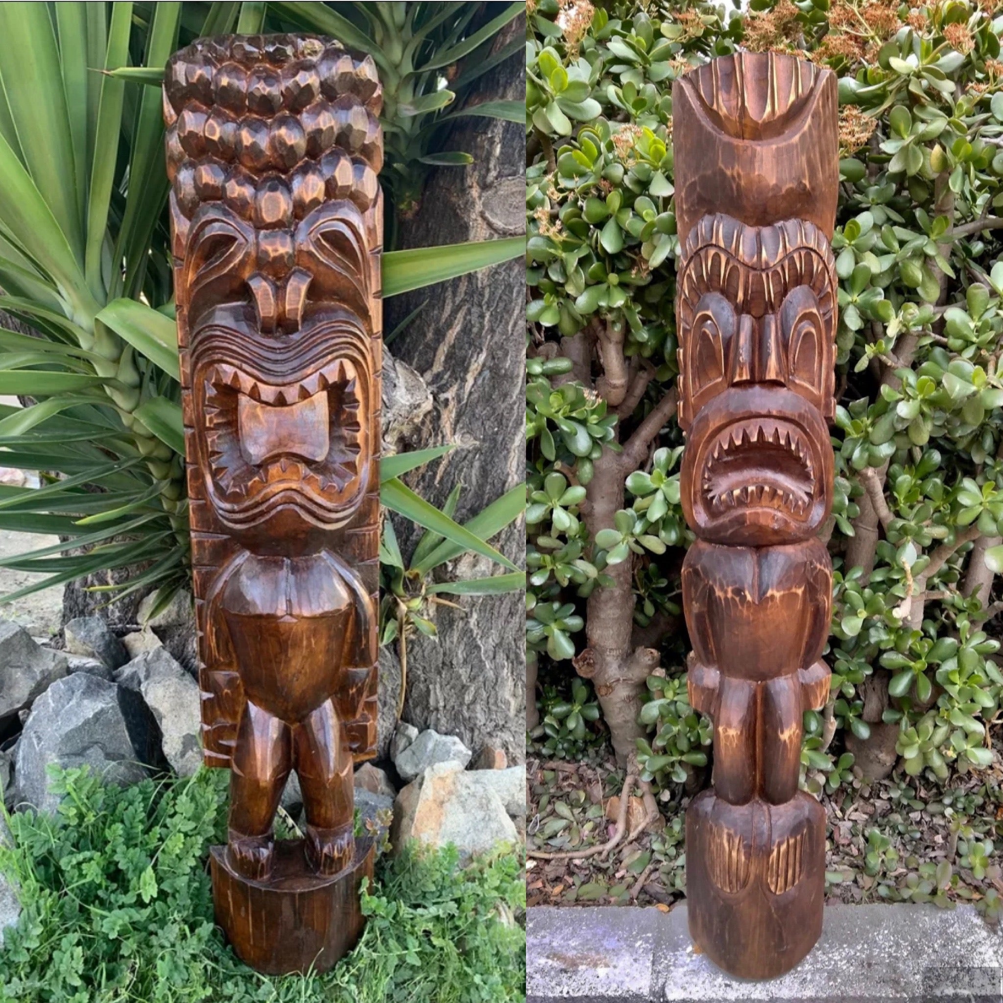 Carved wooden tiki totem pole sculpture with a fierce open-mouth face in a garden