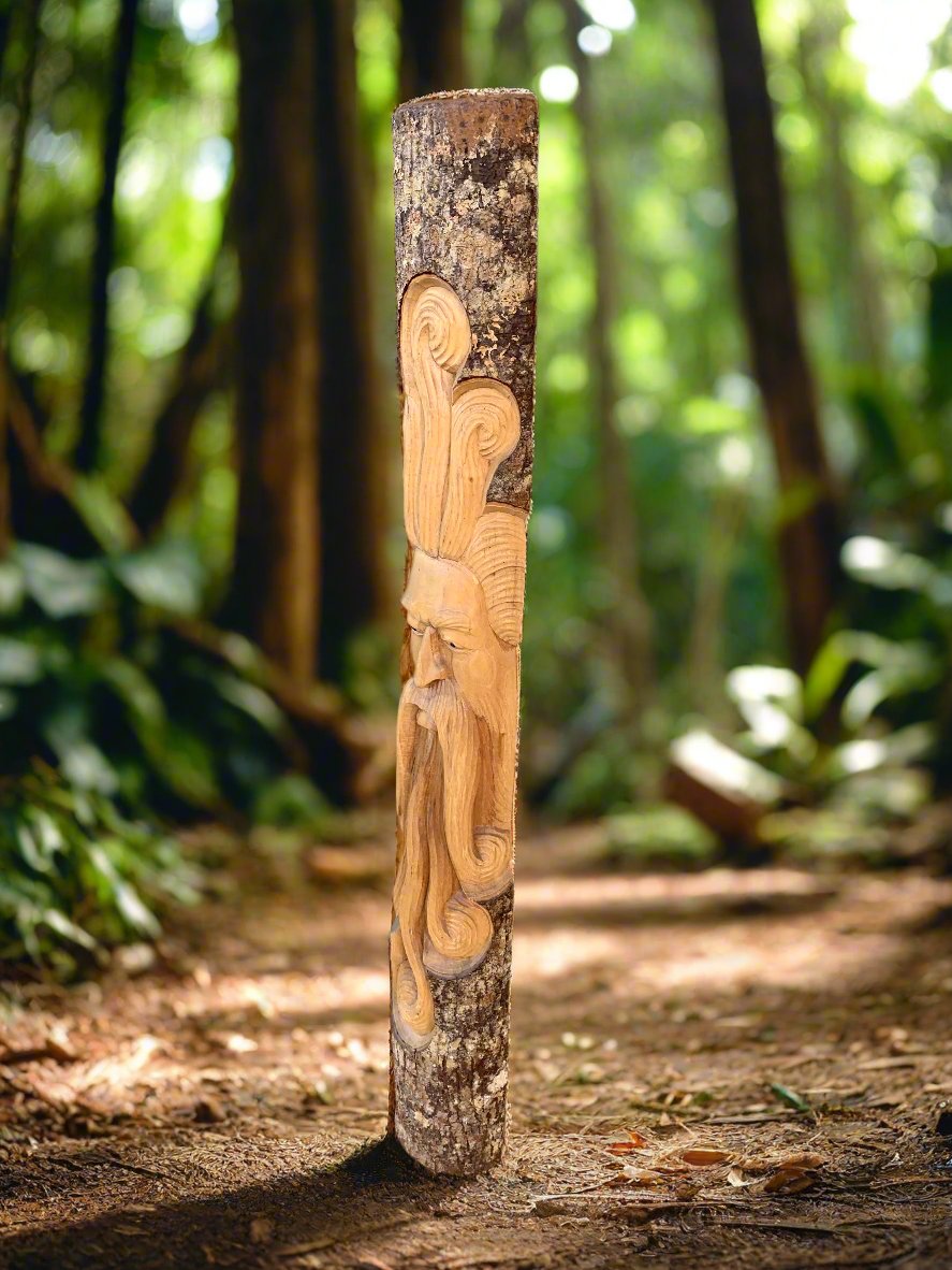 wooden totem pole carving with face on tree trunk in a sunlit forest trail