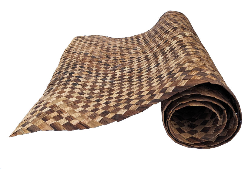 rolled woven bamboo mat with a brown checkered pattern