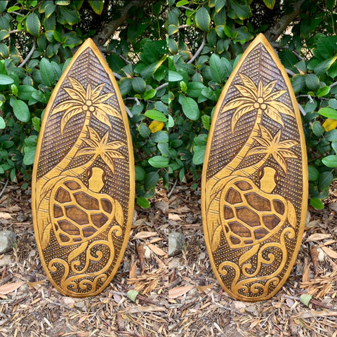 Tribal SeaTurtle and Palm Tree Surfboard Set Coconut Wood Carving Wall Plaque 20"x 8"
