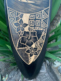 Surfer and Hibiscus Tribal Surfboard Wood Carved Tropical Wall Plaque Mango Wood 39"x 10"