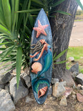 Mermaid and Sea Shell Airbrushed Decorative Surfboard Wall Plaque Mango Wood Coastal Decor 39"x 10"