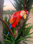 Set of Blue and Green Parrots, Hand-crafted Wooden hanging Statues on wooden vine 16"in. Head to Tail each