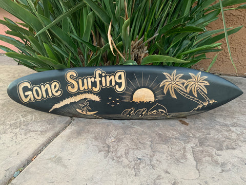 Gone Surfing Surfboard, surfer, tropical island, dolphin Wood Carving Wall Plaque 39"x 10"