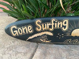 Gone Surfing Surfboard, surfer, tropical island, dolphin Wood Carving Wall Plaque 39"x 10"