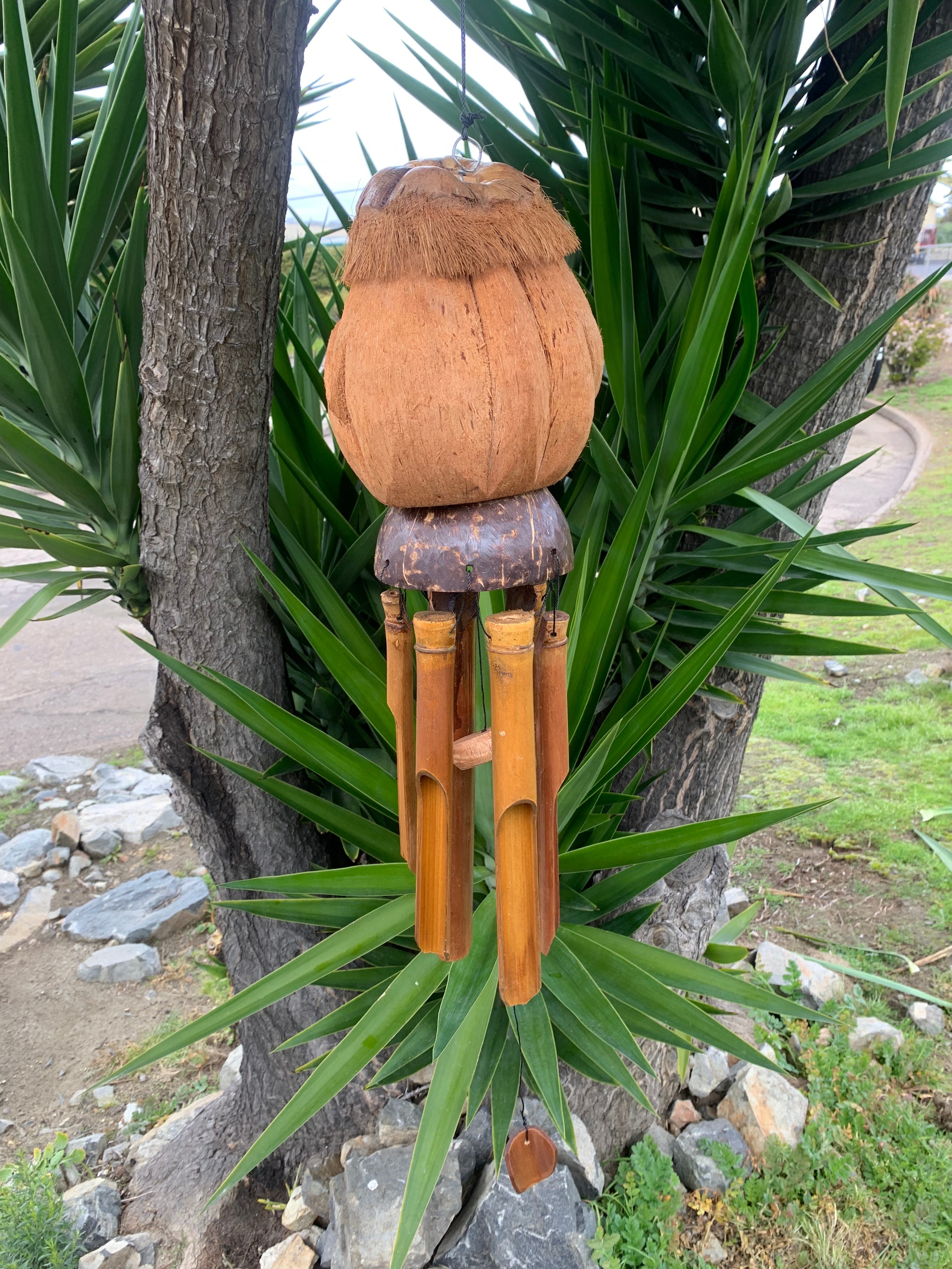 Bamboo wind chime with a coconut shell top hanging outdoors among tropical plants