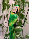 colorful-green-parrot-decorative-sculpture-hanging-among-houseplants
