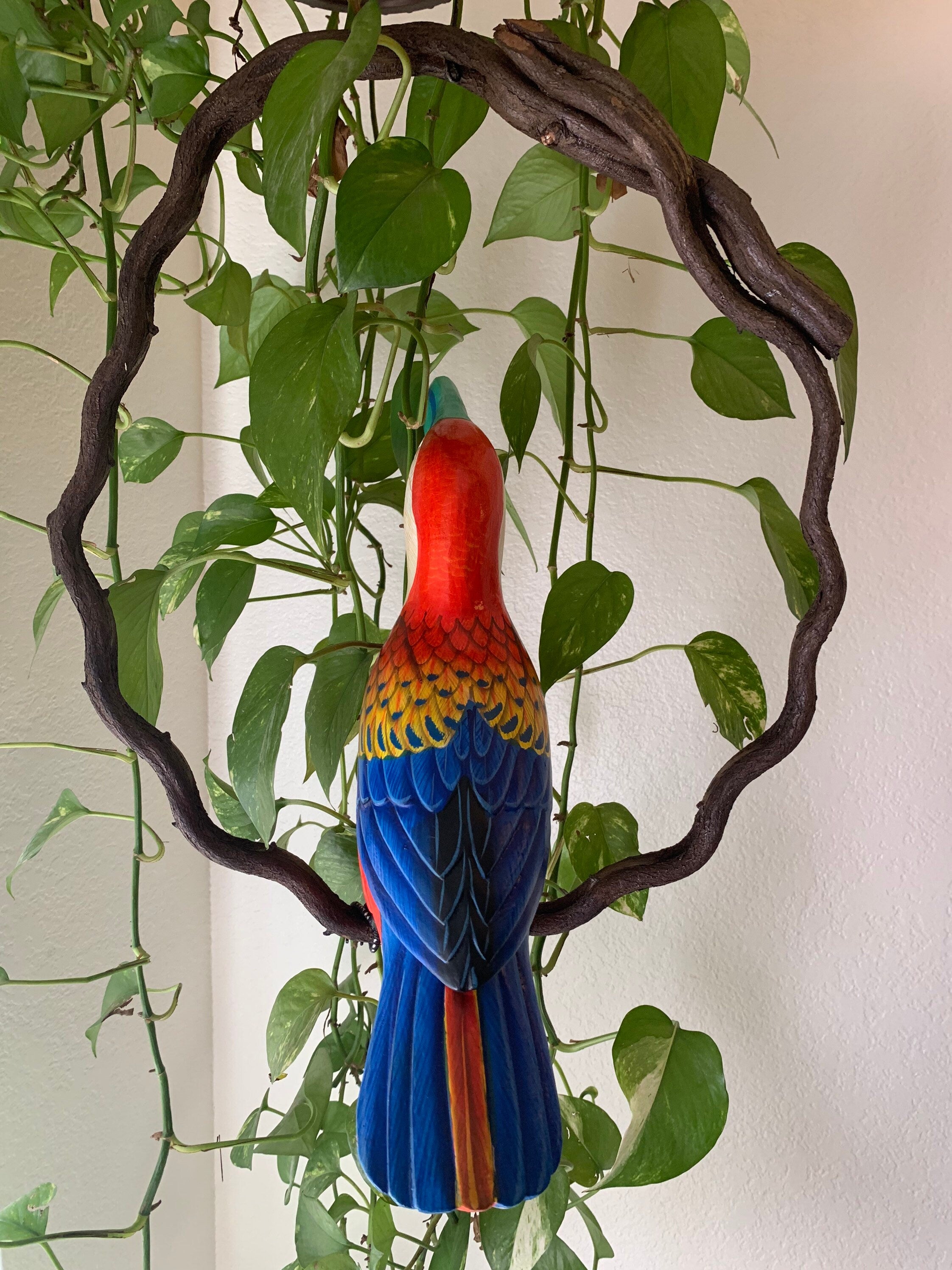 Brightly colored parrot statue with red head, orange-yellow chest and blue wings hanging among green houseplants.