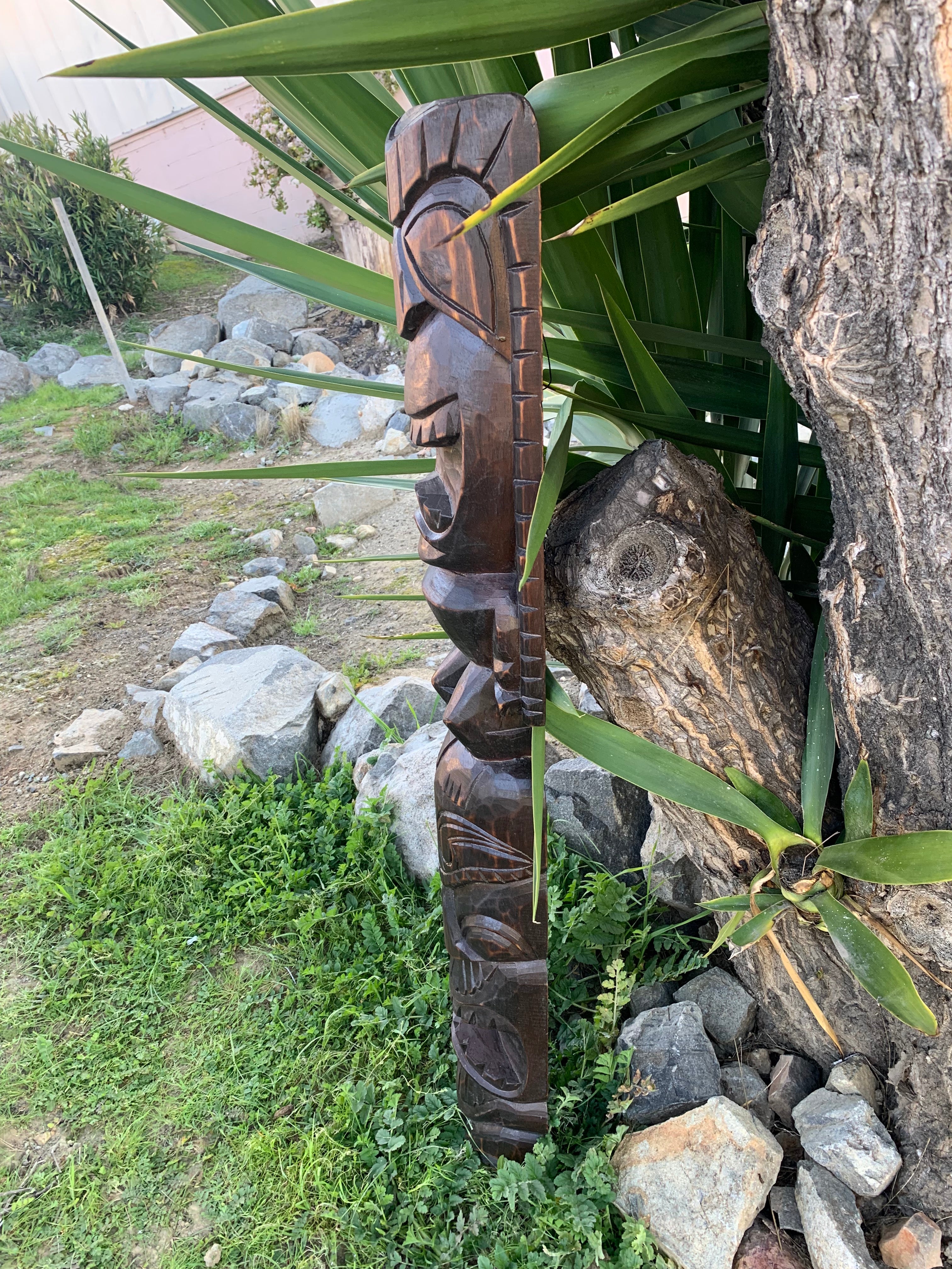 Dark wooden tiki statue leaning against a tree in a garden.