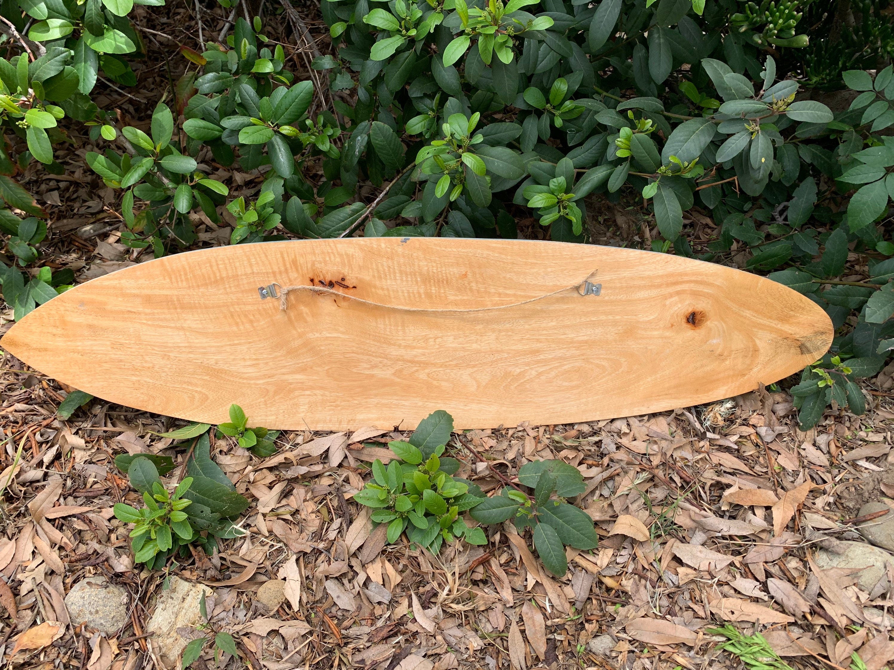 wooden longboard with rope handle resting on leaf litter