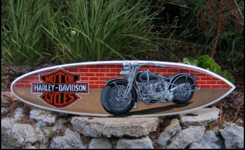 Harley-Davidson motorcycle illustration on a surfboard.