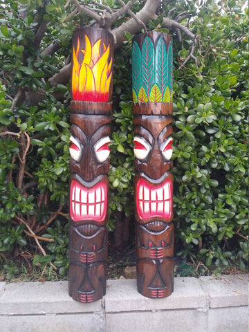 2 Set of Hand Carved Wooden Tiki Totem Masks Tropical Bar Patio Decor 39"x 6"in