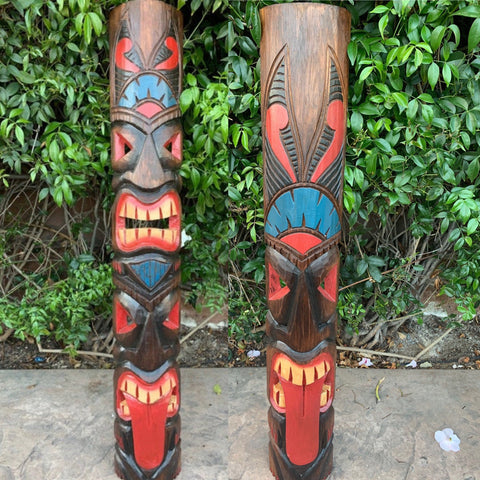 2 Set of Tahitain Toungue Tiki Totem Masks Hand Carved Tropical Bar Patio Decor 39"x 6"in