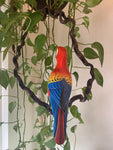 Scarlet Macaw Parrot Handcrafted Wood Hanging Statue  16"in Head to Tail