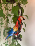 Scarlet Macaw Parrot Handcrafted Wood Hanging Statue  16"in Head to Tail