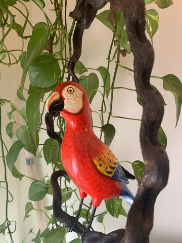 Scarlet Macaw Parrot Handcrafted Wood Hanging Statue  16"in Head to Tail